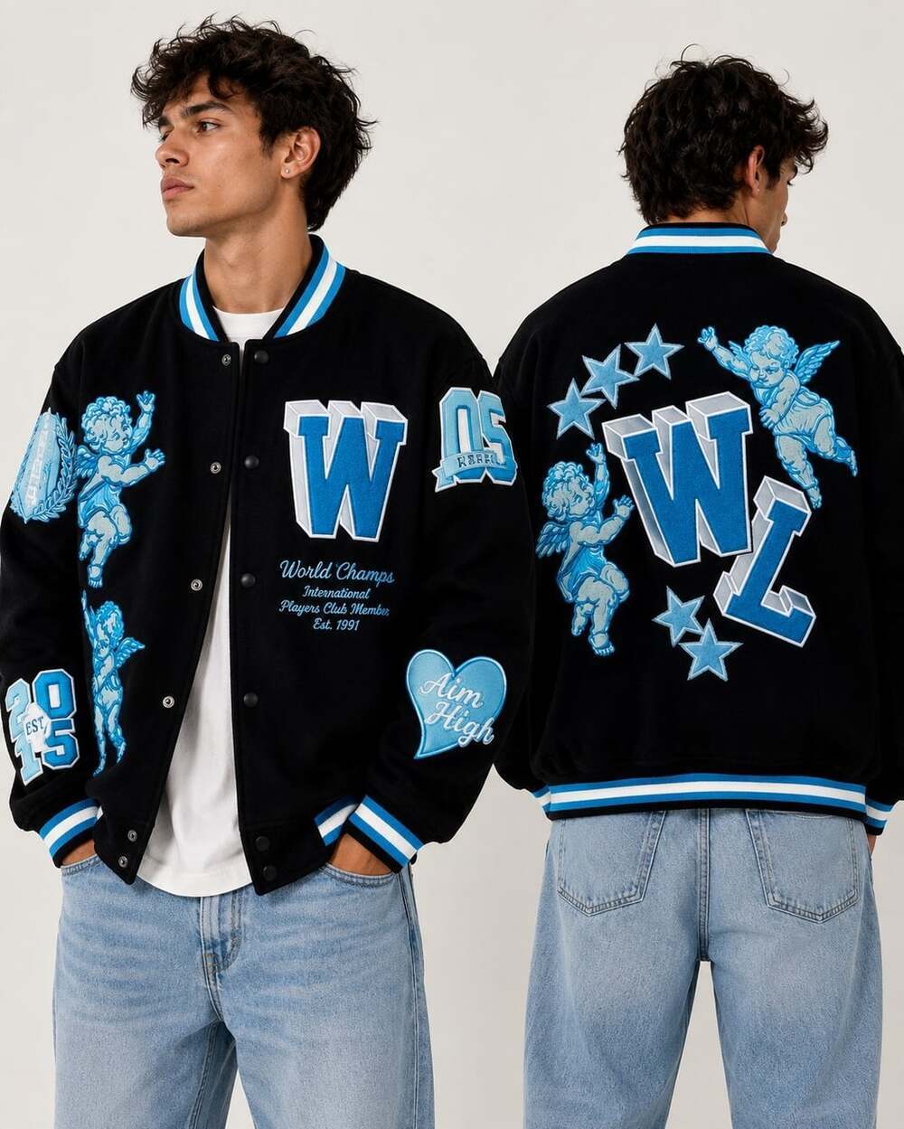 FBRK Mens Streetwear Varsity Jacket Black Blue Angel 2XL Cherub Z112 NWOT Mint